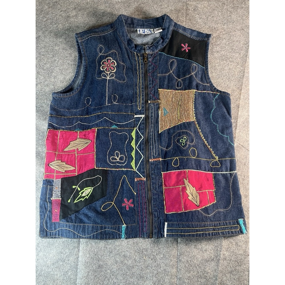 BFA CLASSICS Womens Denim Vest XL Multicolored Embroidery/Patches Front Zipper